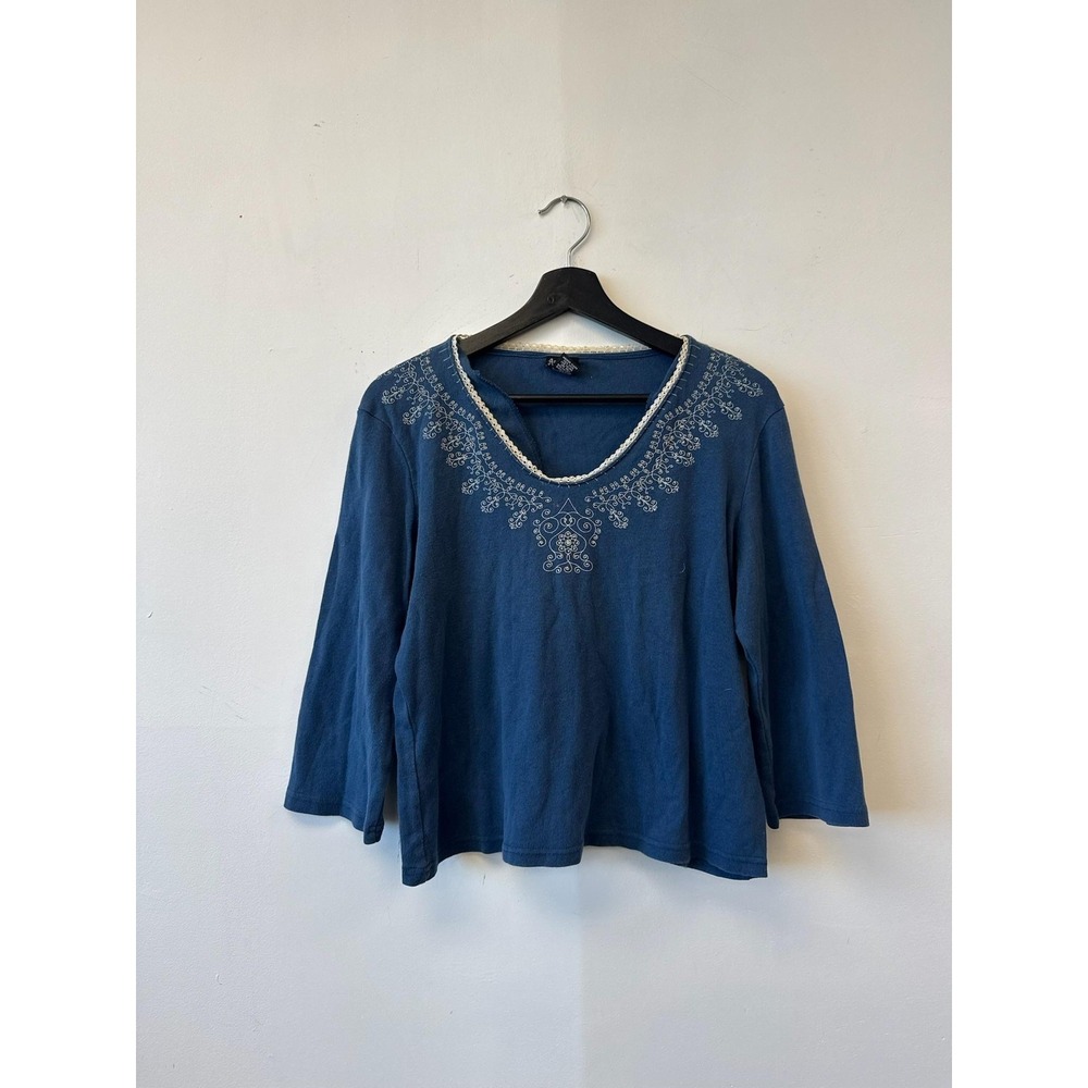 Assoluto Shirt Womens XL Blue Embroidered Scoop Neck 3/4 Sleeve Top Boho VTG Y2K